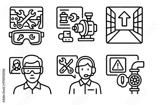 Industrial AR Icons. Industrial AR linear icon set: maintenance overlay, assembly guide, warehouse navigation, technician visor, remote assistance, safety alert view.