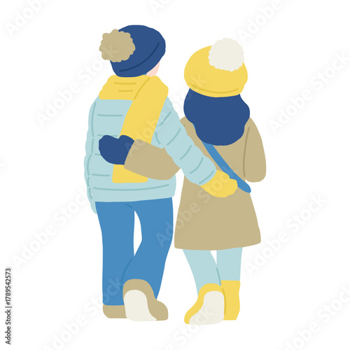 冬服の仲良しカップル[男女]の後ろ姿のフラットなイラスト