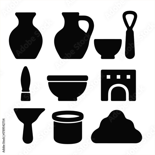 Bold Pottery Icons. Artisan Pottery Set silhouette icon set: ceramic vase, jug, bowl, sculpting tool, brush, water pot, kiln, clay.