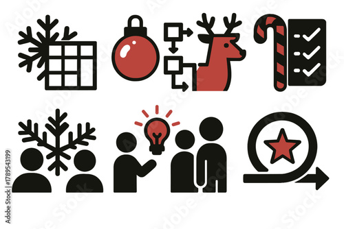 Festive Agile Icons. Festive Agile Teams silhouette icon set: snowflake sprint board, ornament workflow, candy cane checklist, frosty teamwork icon, reindeer progress chart,