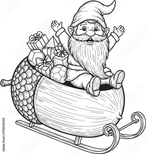 A cheerful cartoon gnome with a long beard riding in a whimsical acorn sleigh full of gifts.