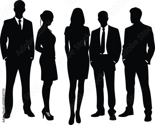 Silhouette of five business people standing together in a row formal attire high quality