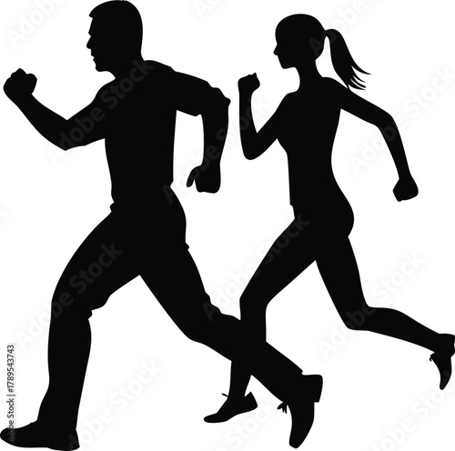 A dynamic silhouette depicts a man and a woman actively running forward