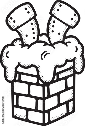 A comical black and white line art drawing of Santas boots sticking out of a snowcovered brick chimney depicting a funny holiday mishap.