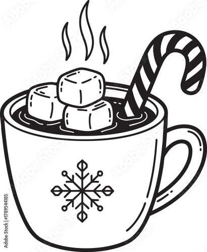 A cozy handdrawn mug of steaming hot chocolate with marshmallows a candy cane and a snowflake design.