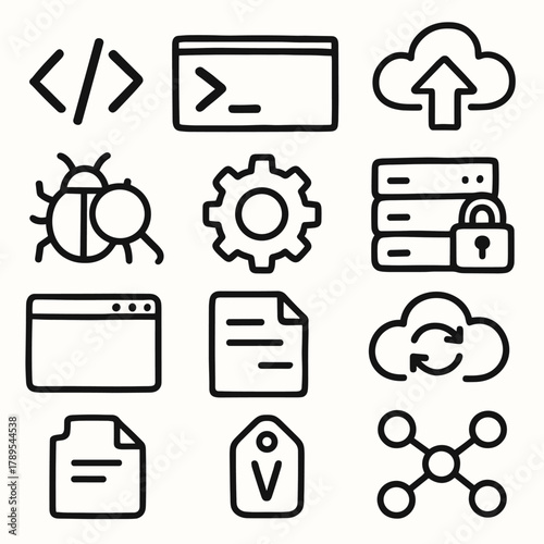 Developer Icon Set. Developer Cloud Applications outline icons: code brackets, terminal window, API gateway, upload cloud, debug icon, gear symbol, secure server, data sync, app
