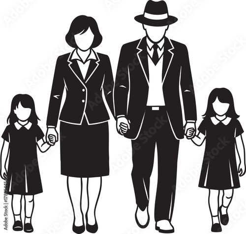 A formally dressed faceless family of four holding hands in a black and white graphic style.
