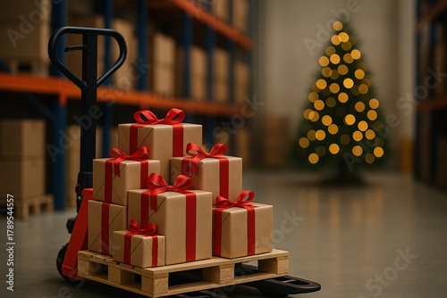 Christmas gifts on warehouse pallet jack stacked with red ribbons in festive logistics environment blurred background with tree warm lights modern e-commerce concept space for text