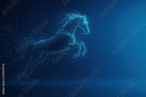 Digital horse formed from glowing data points and lines on futuristic blue background with copy space, AI formation and tech innovation concept for business campaigns 2026