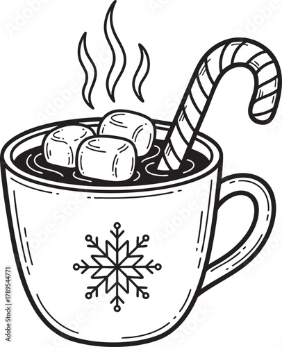 A handdrawn steaming mug of hot chocolate with marshmallows a candy cane and a snowflake design.