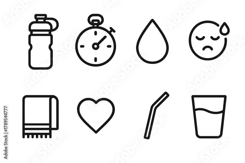 Hydration Icon Set. Active Hydration Collection linear icon set: sports bottle, timer, droplet, sweat icon, towel, heart, straw, water glass.