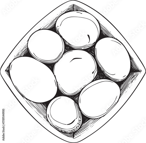 A handdrawn topdown ink sketch of seven whole eggs nestled together in a square bowl.