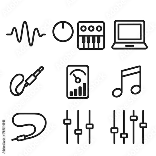 Sound Equipment Icons. Sound Design linear icon set: waveform, knob, synthesizer, laptop, cable, sound meter, note, slider.
