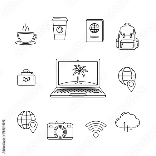 Digital nomad essentials sketch icons for work and travel.
