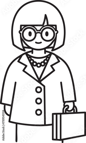 A simple line art illustration of a smiling businesswoman with a bob haircut round glasses and a briefcase.