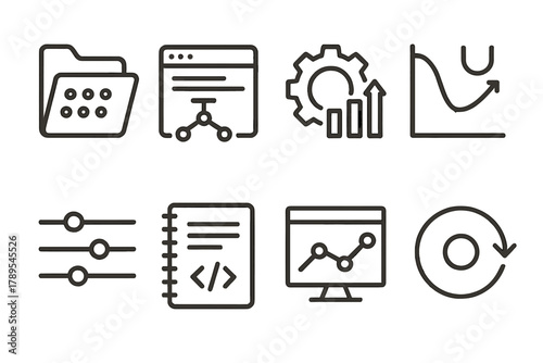 Machine Learning Icons. Machine Learning Development linear icon set: dataset loader icon, model training script, feature engineering tool, loss function graph, hyperparameter