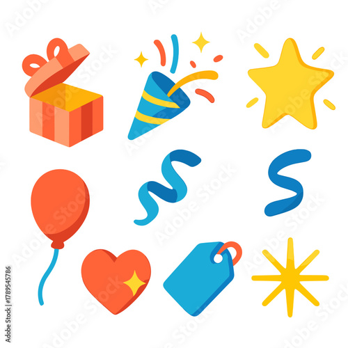 Festive Icons Set. Happy Surprise Icons modern flat icons set: open present, confetti explosion, shining star, ribbon curl, balloon, heart sparkle, tag card, glowing burst