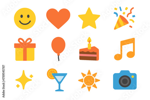 Vibrant Celebration Icons. Happy Moments flat icons: smile emoji, heart, star, confetti, gift box, balloon, cake, music note, sparkle, drink glass, sun, camera.