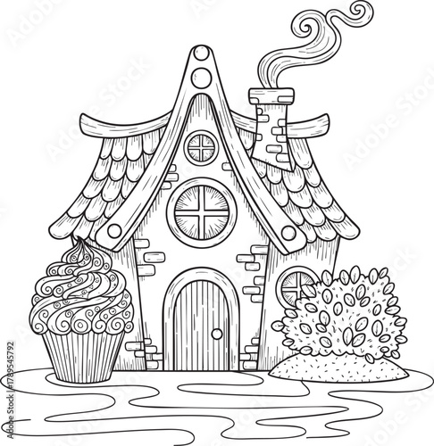 A whimsical fairytale cottage line drawing with a shingled roof brick chimney and a giant cupcake.