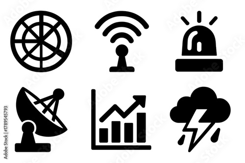 Weather Alert Icons. Weather Alert System silhouette icon set: radar map, signal waves, flashing beacon, satellite dish, data chart, storm icon.