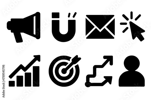 Bold Marketing Icons. Marketing Pipeline silhouette icon set: megaphone, magnet, envelope, cursor click, graph, target, arrow path, user icon.