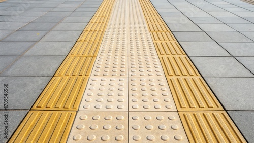 tactile paving Textured pavement with tactile guidance strips, designed for accessibility.