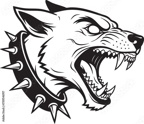 Aggressive snarling dog head in black and white with sharp fangs and a spiked collar.