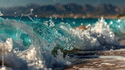 Fototapeta Naklejka Na Ścianę i Meble -  Ocean wave crashing with splashing water against a blurred coastal background.