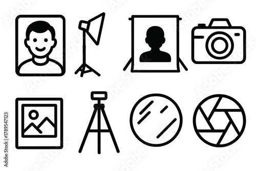 Photography Icon Set. Portrait Photography linear icon set: smiling face, lighting stand, backdrop, camera, photo frame, tripod, reflection, shutter.