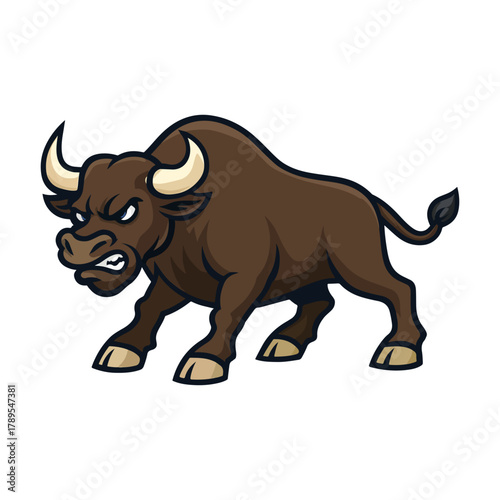 Fierce Cartoon Brown Bull Charging Vector Illustration for Mascots and Logos
