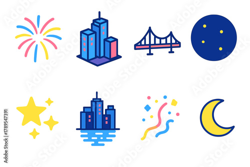 Vibrant Skyline Celebration Icons. Celebration Skyline Icons modern flat icons set: fireworks burst, tall buildings, bridge outline, night sky, glowing stars, reflection glow,