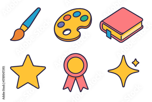 Creative Icons in Vibrant Colors. Creative Manifestation modern flat icons set: Paintbrush, Palette, Notebook, Star, Ribbon, Sparkle.
