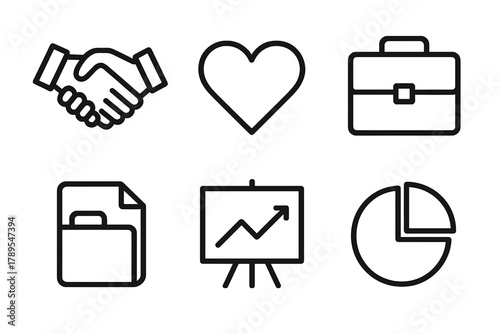 Business Icons Collection. Client deal making linear icon set: handshake, heart, briefcase, document folder, chart board, pie graph.