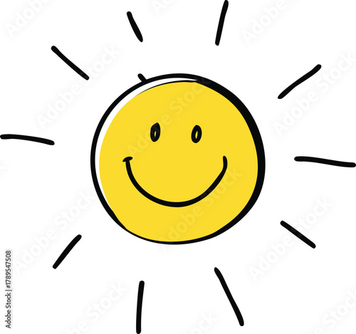 A simple drawing of a yellow sun with a smiling face and