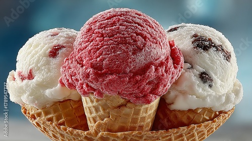 Three ice cream scoops in a cone waffle close up against a blurred background.