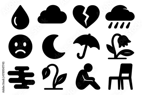 Sadness Icons Collage. Sadness Concept silhouette icon set: teardrop, cloud, broken heart, rain, sad face, dark moon, umbrella, wilted flower, fog, drooping leaf, lonely figure,