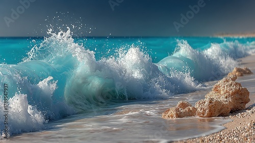 Fototapeta Naklejka Na Ścianę i Meble -  Waves crash on a sandy beach under a blue sky.