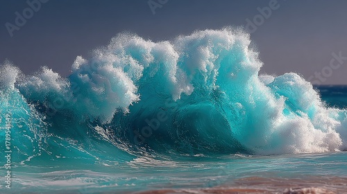Fototapeta Naklejka Na Ścianę i Meble -  Large ocean wave crashing with white foam against a dark sky backdrop.