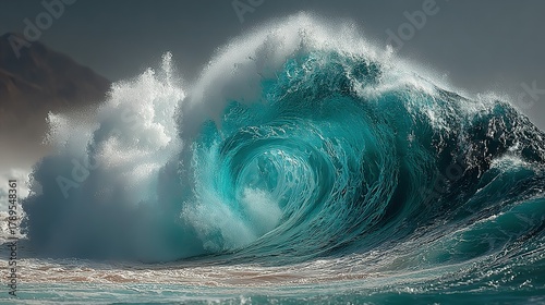 Fototapeta Naklejka Na Ścianę i Meble -  Large ocean wave crashing with white foam and turquoise water near coastline.