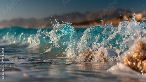 Fototapeta Naklejka Na Ścianę i Meble -  Ocean wave crashing near shore with mountains in the background.
