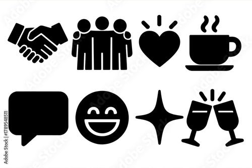 Friendship Icon Set. Friendship Pack silhouette icon set: handshake, group of friends, heart glow, coffee cup, chat bubble, laughter, sparkle, clinking glasses