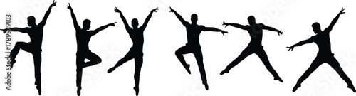 Silhouette male dancers performing modern dance jumps and poses, expressive movement illustration for performing arts, choreography concept, vector dance performance design
