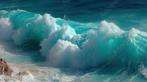 Fototapeta Naklejka Na Ścianę i Meble -  Large ocean wave with white foam crests near a rocky shore.