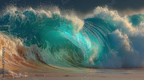 Fototapeta Naklejka Na Ścianę i Meble -  Large ocean wave crashing with turquoise and white water near sandy beach.