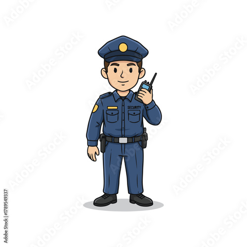 Security guard cartoon in uniform using a walkie-talkie. Male officer for private safety and protection