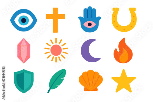 Modern Protective Charms. Protective Charms flat icons: eye amulet, cross, hand symbol, horseshoe, crystal, sun, moon, flame, shield, feather, shell, star.