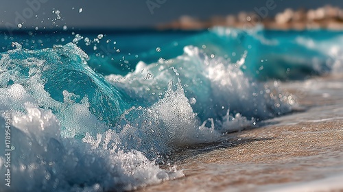 Fototapeta Naklejka Na Ścianę i Meble -  Ocean wave crashing on sandy beach with buildings blurred in the background.