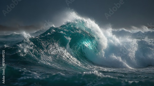 Fototapeta Naklejka Na Ścianę i Meble -  Large ocean wave crashing with white foam and dark water.
