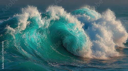Fototapeta Naklejka Na Ścianę i Meble -  Large ocean wave with white foam crests and turquoise water.