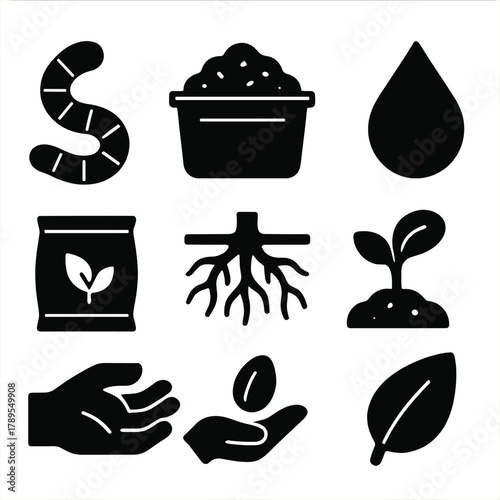Soil Health Icons. Soil Health silhouette icon set: worm, compost, roots, droplet, fertilizer bag, hand, seed, leaf.